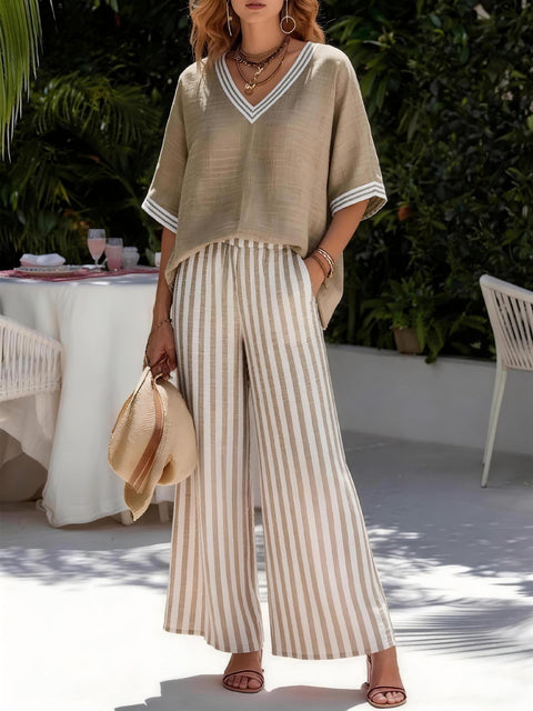 Women's casual striped comfortable loose V-neck two-piece set m302912