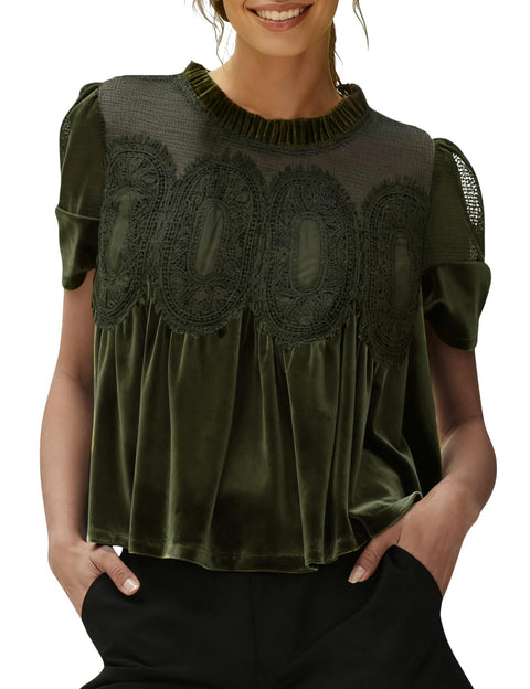 Mesh embroidered lace round neck pullover solid color velvet loose top m302350