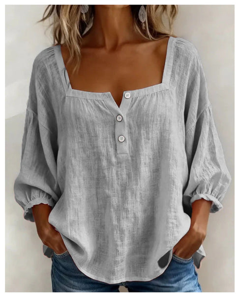 Floral print 3-button elegant wide neck top m302847