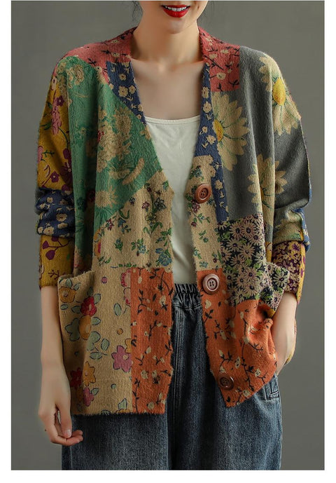 Ethnic style printed imitation mink velvet knitted cardigan women's autumn new retro loose sweater jacket m301711