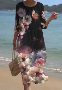 Loose crew neck fashion high-end long-sleeved printed dress m301053