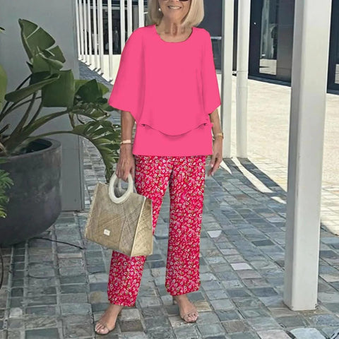 Casual round neck medium sleeve top printed flower pants set two-piece set m301465