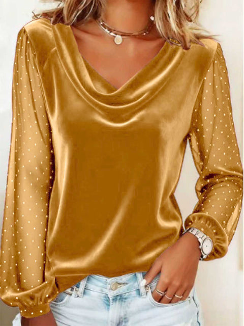 Women's solid color V-neck mesh hot diamond long-sleeved T-shirt m302227
