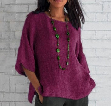 Split sleeved round neck cotton linen shirt top m300053