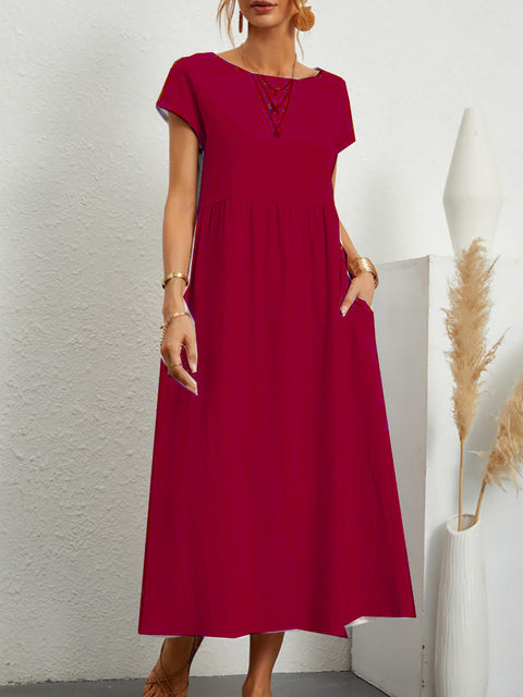 Sleeveless loose cotton and linen pocket dress m301061