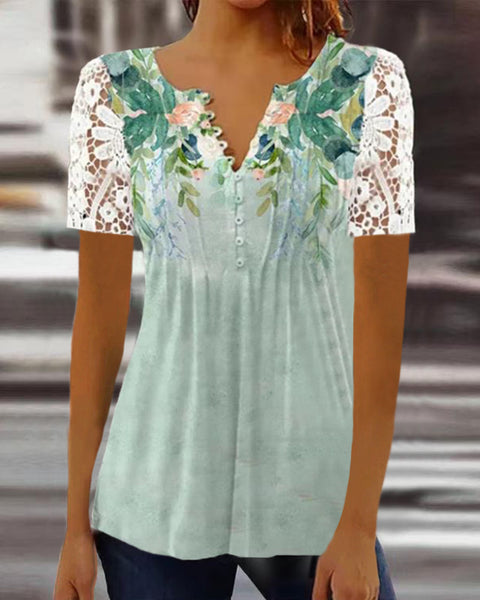 Lace Sleeve Pleated Solid Color Button T-Shirt Bottom Shirt m301333