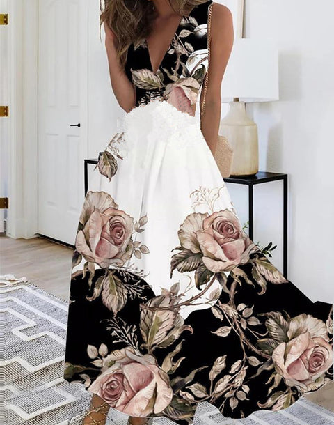 Women's new V-neck with lining high waist sleeveless printed sexy vest dress m301267
