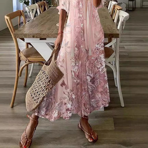 Elegant temperament long dress summer lace print casual dress m301718