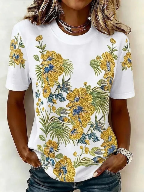 Imitation cotton commuter flower print crew neck short sleeve m303070