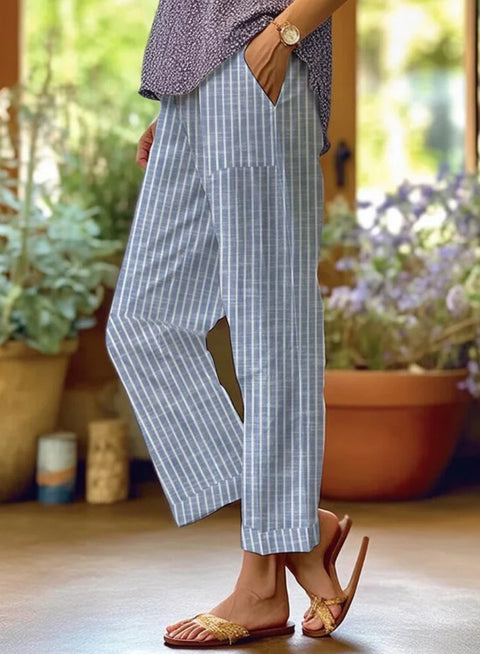 Linglong hemp digital printing simple crimped casual pants m303184