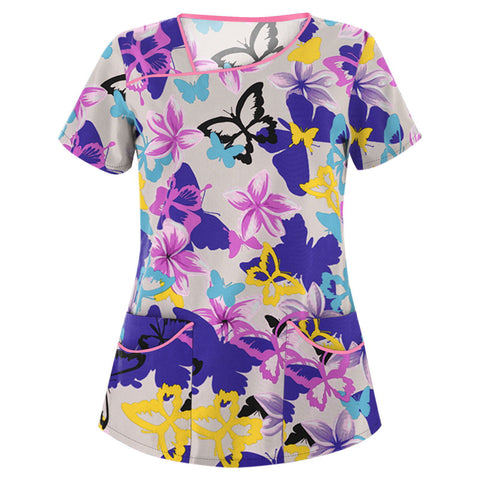 Printed V-neck short-sleeved pocket T-shirt women's top m301596