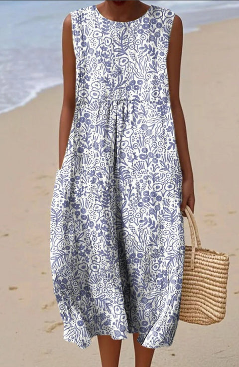 Summer sleeveless pocket casual print temperament long dress dress m302454