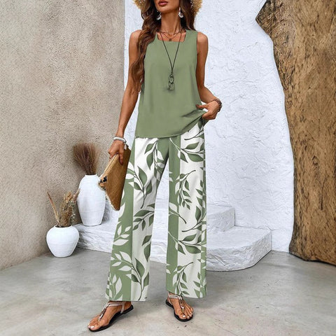 Casual square neck pullover vest plus trousers digital printing women's two pieces m301436