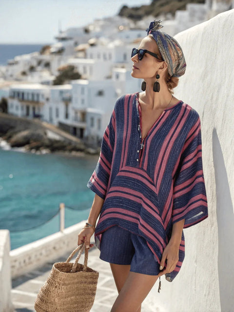 Japanese-style vertical stripe ramie bamboo fiber top, versatile V-neck fly-sleeve shirt m302983