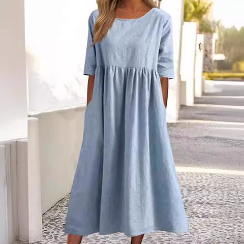 New cotton and linen casual short-sleeved pocket pleated loose round neck dress m300890