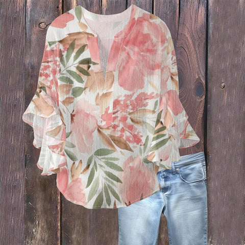 Creative floral element printing digital printing casual trend V-neck lotus edge T-shirt women's m301769