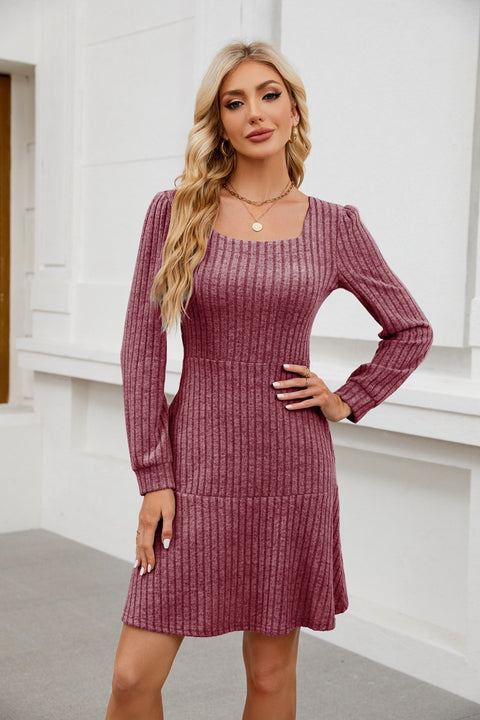 Square neck lantern sleeve doll pocket long sleeve dress m300921
