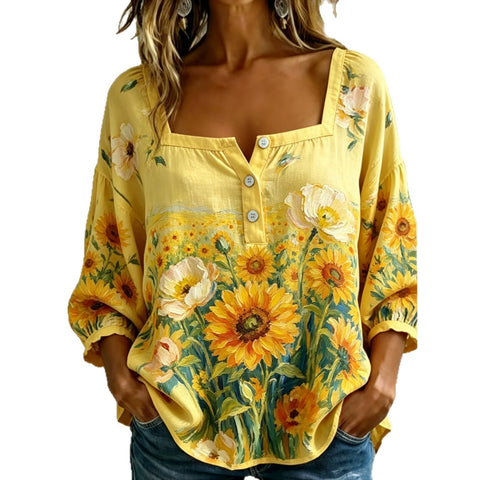 Women's square collar button-down shoulder seven-quarter sleeve medium sleeve T-shirt trend m302838