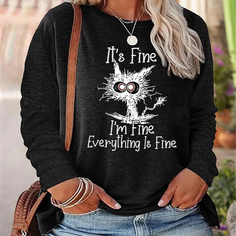 Black Cat Cartoon Printed Women's Crew Neck Long Sleeve T-Shirt M800016