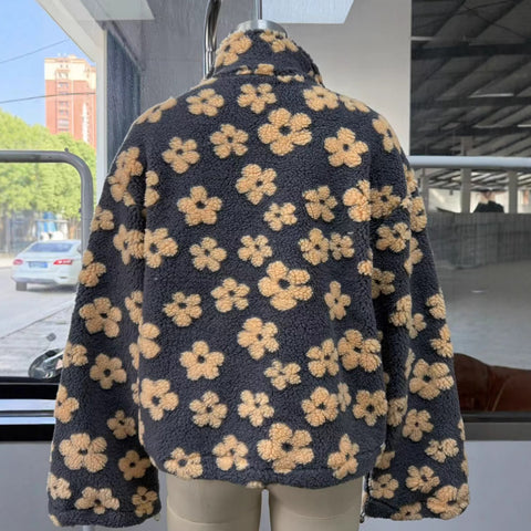 New fashion imitation lamb wool print loose zipper sweater long sleeve top m302113