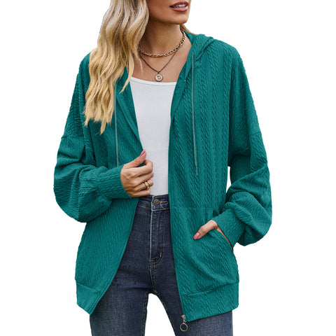 Solid color pocket long sleeve loose hooded sweater women's jacket m300392