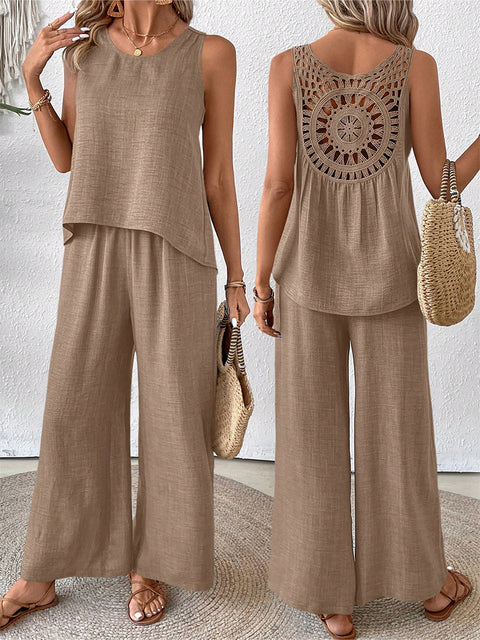 Spring and summer solid color hollow lace two-piece fashion casual vest wide-leg pants trousers m301367