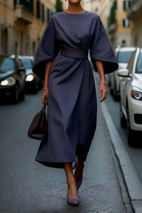 Fashion temperament elegant solid color waist dress casual bat sleeve long dress m301326