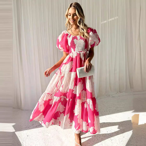 Elegant Floral-Print off-Shoulder Puff Sleeve Fashion Dress M300289