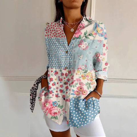 Linglong hemp long shirt women's long-sleeved shirt printing pattern m303195