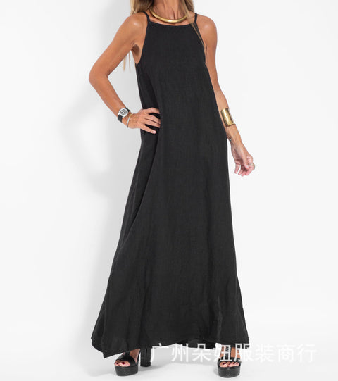 Fashion casual cotton and linen split suspender dress m302080