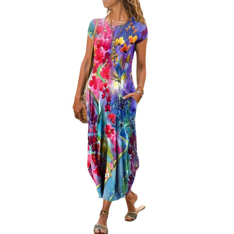 Round neck pocket inserted short sleeved trendy printed dress with a design of M300025