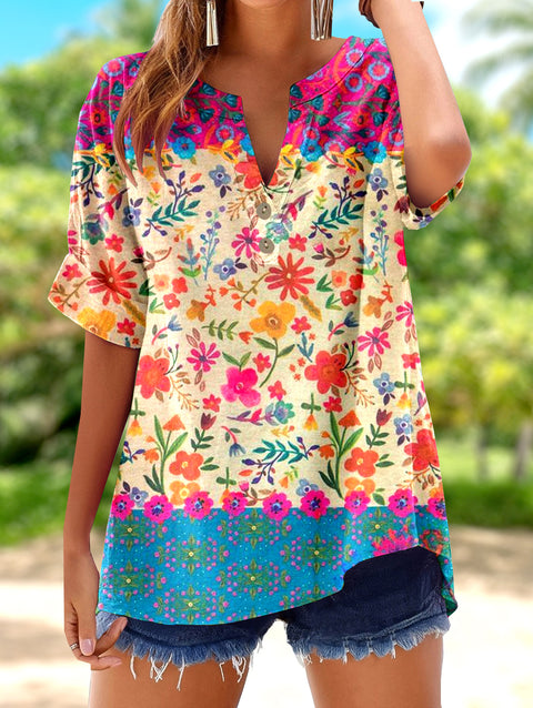 Printed V-neck pullover short-sleeved T-shirt m303021