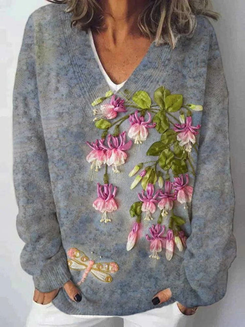 Autumn and winter imitation sweater printing foreign trade new women's pullover V-neck casual fashion long-sleeved top m302113