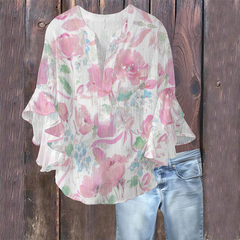 Creative floral element printing digital printing casual trend V-neck lotus edge T-shirt women's m301769