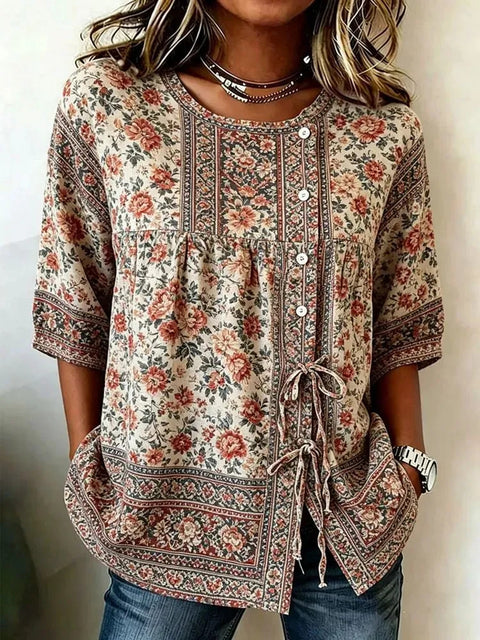 Color matching loose blouse five-button drawstring m302924