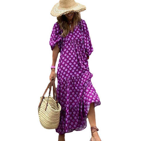 Geometric print bubble sleeve dress street fried street skirt m300902