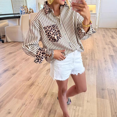 Fashion casual versatile long-sleeved leopard print splicing cardigan striped shirt top m302163