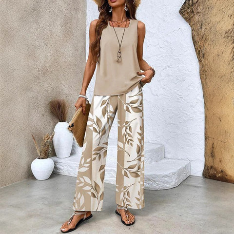 Casual square neck pullover vest plus trousers digital printing women's two pieces m301436