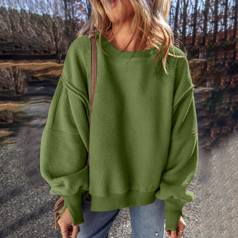 Splicing design hem irregular loose plush sweater top women m301914