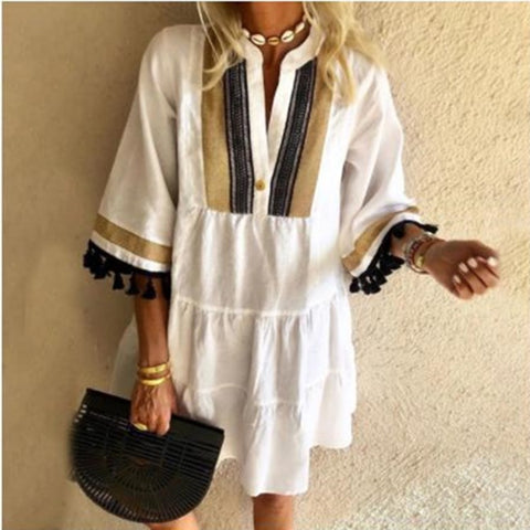 Cute Temperament Printed Tassel V-neck Short Dress M300195