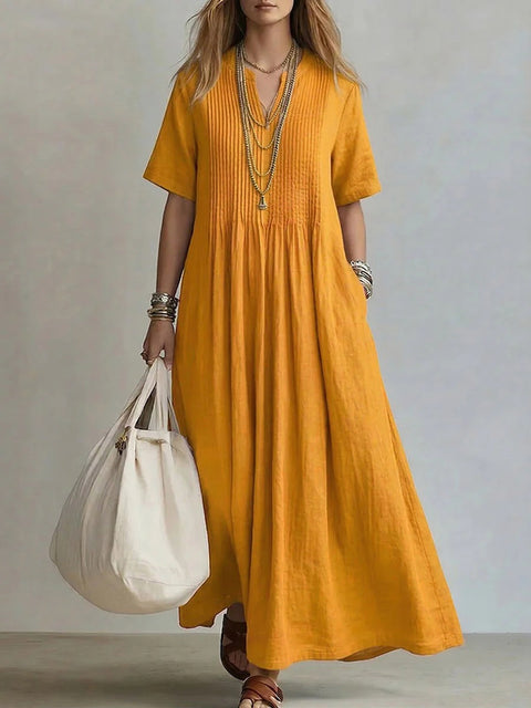 Ladies casual loose V-neck short-sleeved pleated cotton and linen dress m303244