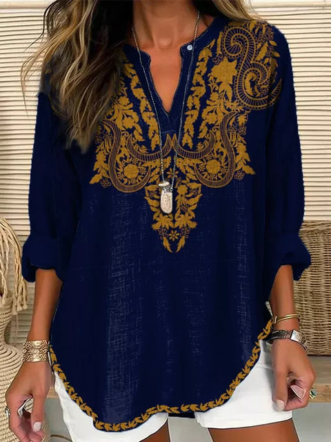 Loose 3D Printed V-Neck Shirt Long Sleeve T-Shirt m301360