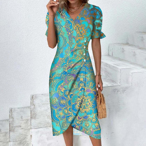 Geometric collage bubble sleeves irregular hem dress m301272