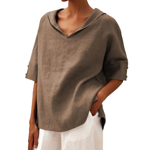 Women's solid color cotton and linen loose hooded top T-shirt m301294