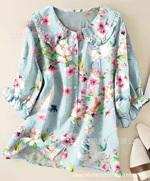 Linglong hemp 3D digital printing abstract, women's long-sleeved buckle lapel shirt m303181