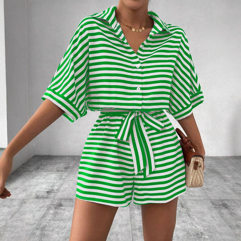 Striped lapel cardigan button medium sleeve belt shorts set onesie women's m301031