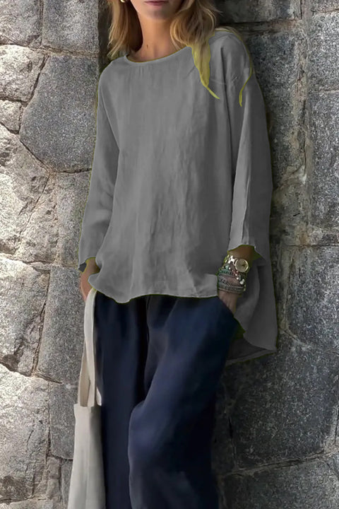 Women's nine-quarter sleeve crew neck cotton and linen loose shirt top m302007