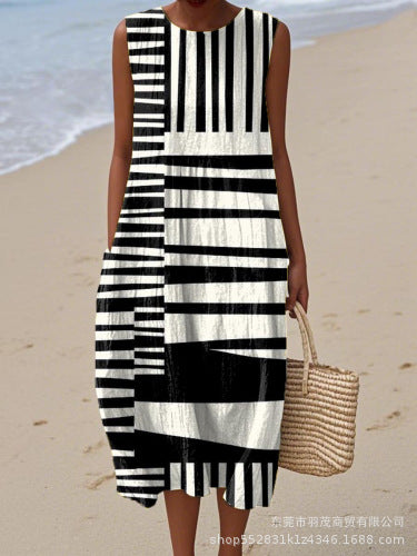 New sleeveless casual printing temperament long dress dress slim fit small fresh casual dress m301521