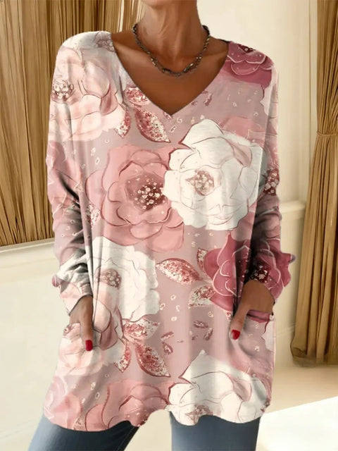 Women's new medium and long pocket V-neck pullover fashion casual T-shirt m302270