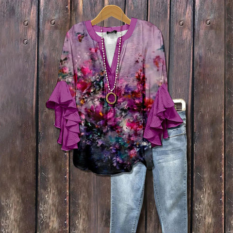 V-neck lotus edge T-shirt loose print women's T-shirt m301353